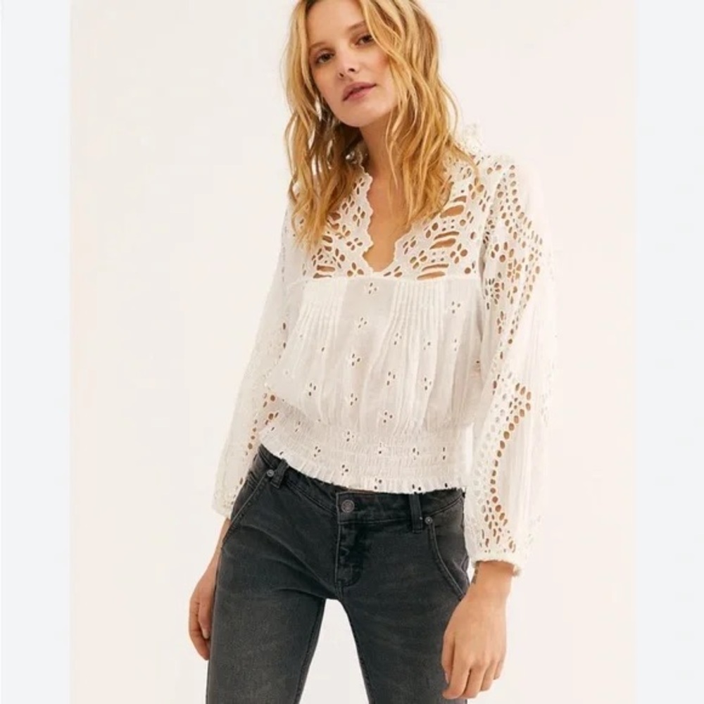 Free People White Eyelet Lace Blouse size small